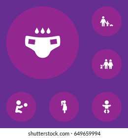 Set Of 6 People Icons Set.Collection Of Expectant Mother, Kid, Nappy And Other Elements.