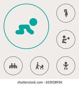 Set Of 6 People Icons Set.Collection Of Creep Baby, Kid, Married And Other Elements.