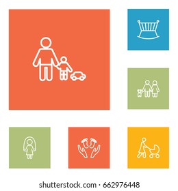 Set Of 6 People Outline Icons Set.Collection Of Stroller, Lovers, Skipping Rope And Other Elements.