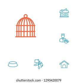 Set of 6 pets icons line style set. Collection of home, birdcage, store and other elements.