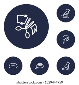 Set of 6 pets icons line style set. Collection of food, sitting, dish and other elements.