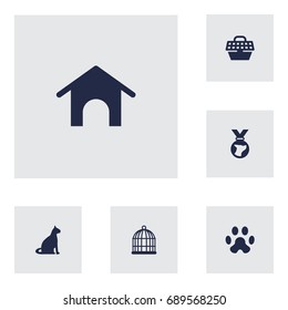 Set Of 6 Pets Icons Set.Collection Of Home, Medallion, Birdcage And Other Elements.