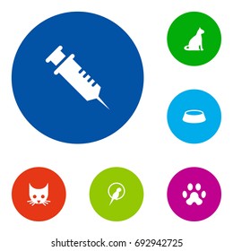 Set Of 6 Pets Icons Set.Collection Of Dish, Cat, Sitting And Other Elements.