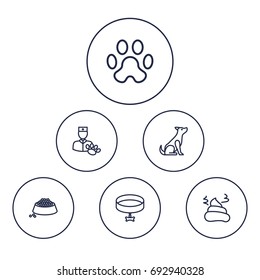 Set Of 6 Pets Outline Icons Set.Collection Of Vet, Sitting, Puppy And Other Elements.
