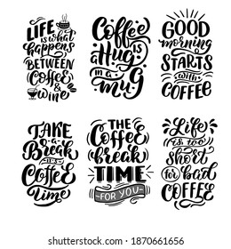 Conjunto de 6 frases sobre el café en gráficos vectoriales en un fondo blanco. Para el diseño de postales, afiches, banners, portadas para portátiles, impresiones para camisetas, tazas, almohadas.