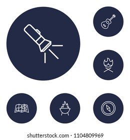Set of 6 picnic icons line style set. Collection of barbecue, magnet navigator, campfire and other elements.