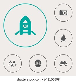 Set Of 6 Picnic Icons Set.Collection Of Backpack, Bbq, Photo Camera And Other Elements.