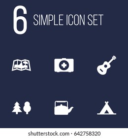 Set Of 6 Picnic Icons Set.Collection Of Tent, First Aid Box, Map And Other Elements.