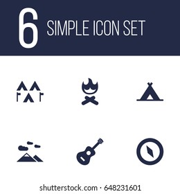 Set Of 6 Picnic Icons Set.Collection Of Camp, Acoustic, Magnet Navigatior And Other Elements.