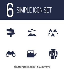 Set Of 6 Picnic Icons Set.Collection Of Optical Zoom, Signpost, Camp And Other Elements.