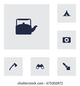 Set Of 6 Picnic Icons Set.Collection Of First Aid Box, Flashlight, Wood Axe And Other Elements.