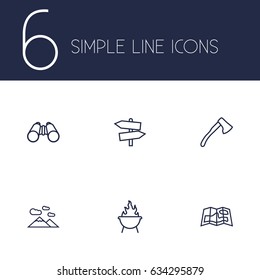 Set Of 6 Picnic Outline Icons Set.Collection Of Ax, Guidepost, Binoculars And Other Elements.
