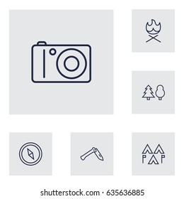 Set Of 6 Picnic Outline Icons Set.Collection Of Bonfire, Photographing, Encampment And Other Elements.