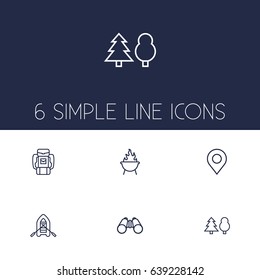 Set Of 6 Picnic Outline Icons Set.Collection Of Forest, Baggage, Binoculars And Other Elements.