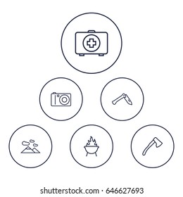 Set Of 6 Picnic Outline Icons Set.Collection Of Penknife, Medical Kit, Photographing And Other Elements.