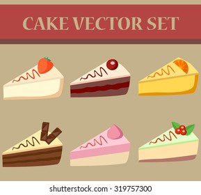 Set of 6 pieces of cake: strawberry cake, orange cake, cherry cake, cream cake, chocolate cake, mint berry cake.