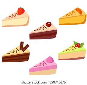 Set of 6 pieces of cake: strawberry cake, orange cake, cherry cake, cream cake, chocolate cake, mint berry cake.