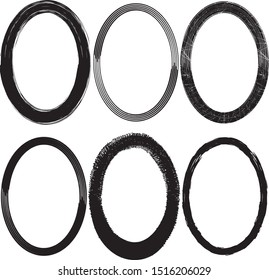Set of 6 pieces circles frame grunge edges.Grunge borders.Vector brush strokes distress textures retro frames.