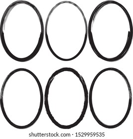Set of 6 pieces circles frame grunge edges.Grunge borders.Vector brush strokes distress textures retro frames.