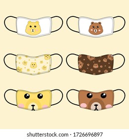 Set of 6 pieces of cute bear pattern fabric mask on soft yellow background. flat design vector.