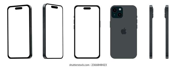Set of 6 pieces from different angles, black smartphone Apple iPhone 15, model, new in the IT industry, mockup for web design on a white background - Vector illustration