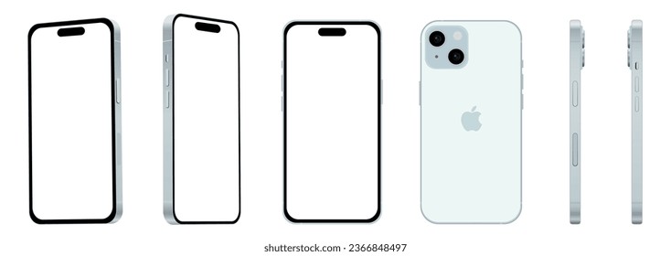 Set of 6 pieces from different angles, blue Apple iPhone 15 smartphone, model, new in the IT industry, mockup for web design on a white background - Vector illustration