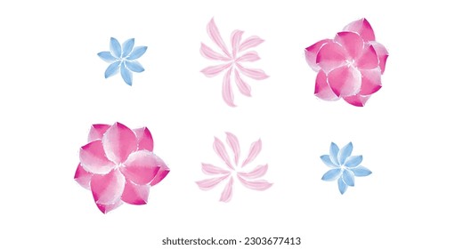Set of 6 pink and blue Watercolor flower illustration icons, simple beautiful composition of decorative elements, isolated on grey background, hand drawing.