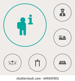 Set Of 6 Plane Icons Set.Collection Of Metal Detector, Restaurant, Luggage Check And Other Elements.