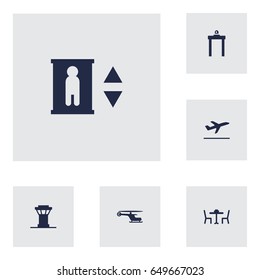 Set Of 6 Plane Icons Set.Collection Of Air Traffic Controller, Lift, Restaurant And Other Elements.