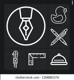 Set of 6 plastic outline icons such as ruler, helmet, pen, cutter