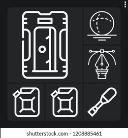 Set of 6 plastic outline icons such as sphere, pen, car oil, sharpener