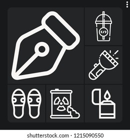 Set of 6 plastic outline icons such as flashlight, waste, pen, lighter, flip flops