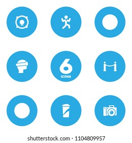 Set of 6 pleasure icons set. Collection of soft drink, vr helmet, dancing man and other elements.