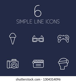 Set of 6 pleasure icons line style set. Collection of sorbet, photography, spectacles and other elements.
