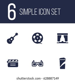 Set Of 6 Pleasure Icons Set.Collection Of Filmstrip, Beverage, Curtain And Other Elements.