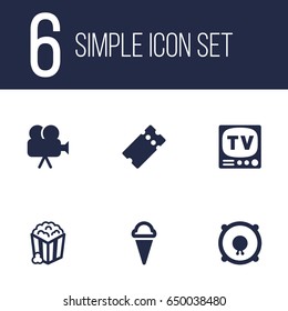 Set Of 6 Pleasure Icons Set.Collection Of Snack, Sorbet, Television And Other Elements.