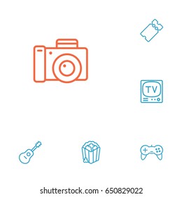 Set Of 6 Pleasure Outline Icons Set.Collection Of Tv Set, Photo Camera, Game Controller And Other Elements.