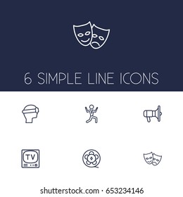Set Of 6 Pleasure Outline Icons Set.Collection Of Bullhorn, Masks, Vr Helmet And Other Elements.