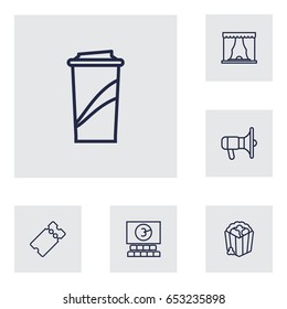 Set Of 6 Pleasure Outline Icons Set.Collection Of Cinema, Bullhorn, Theater And Other Elements.