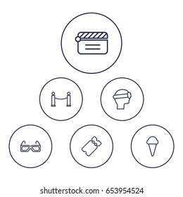 Set Of 6 Pleasure Outline Icons Set.Collection Of Clapperboard, Vr Helmet, Ice Cream And Other Elements.