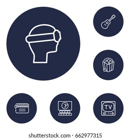 Set Of 6 Pleasure Outline Icons Set.Collection Of Tv Set, Guitar, Popcorn And Other Elements.