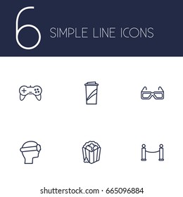 Set Of 6 Pleasure Outline Icons Set.Collection Of Vr Helmet, Soft Drink, 3D Glasses And Other Elements.