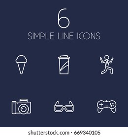 Set Of 6 Pleasure Outline Icons Set.Collection Of Photo Camera, Ice Cream, 3D Glasses And Other Elements.