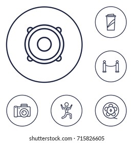 Set Of 6 Pleasure Outline Icons Set.Collection Of Soft Drink, Photo Camera, Barrier Rope And Other Elements.