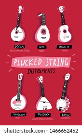 Set of 6 plucked string musical instruments. Ukulele, balalaika,mandolin, banjo,lute and domra in bright funny style on a pink background.