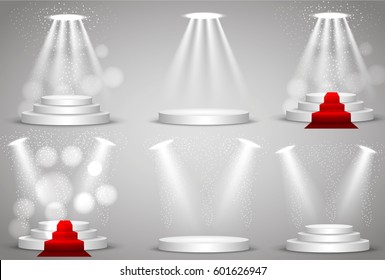 Set 6 podium. Light stage searchlight. Vector 3d illustation.