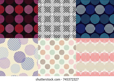 Set of 6 Polka dot seamless pattern. Striped circles. Textile rapport.