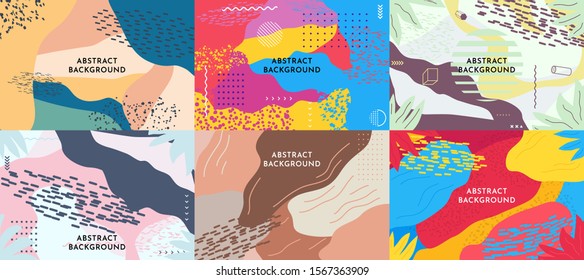 Set of 6 pop art style backgrounds. Vector abstract illustration. Wallpapers  collection. Website template pack.  Fluid and liquid design with dots. Color Memphis pattern. Fashion 80-90s.Retro graphic