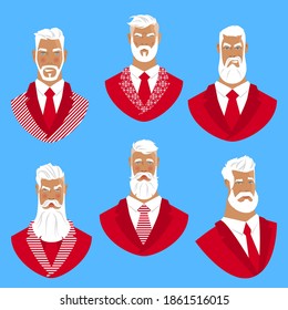 Set of 6 portraits of cool Santa Clauses in stylish Christmas business suits