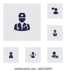 Set Of 6 Position Icons Set.Collection Of Medic, Stylist, Fireman And Other Elements.